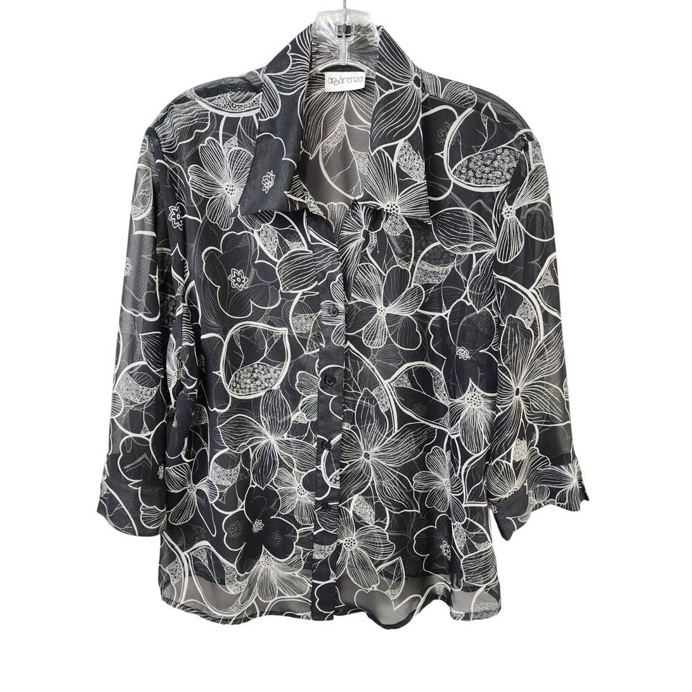 Apparenza Sheer Floral Blouse One Size Black and White Long Sleeve Button